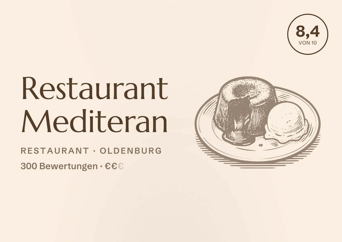 Illustriertes Poster von Restaurant Mediteran, Restaurant in Oldenburg: Bewertung 8,4 von 10 aus 300 Bewertungen, Preisniveau €€
