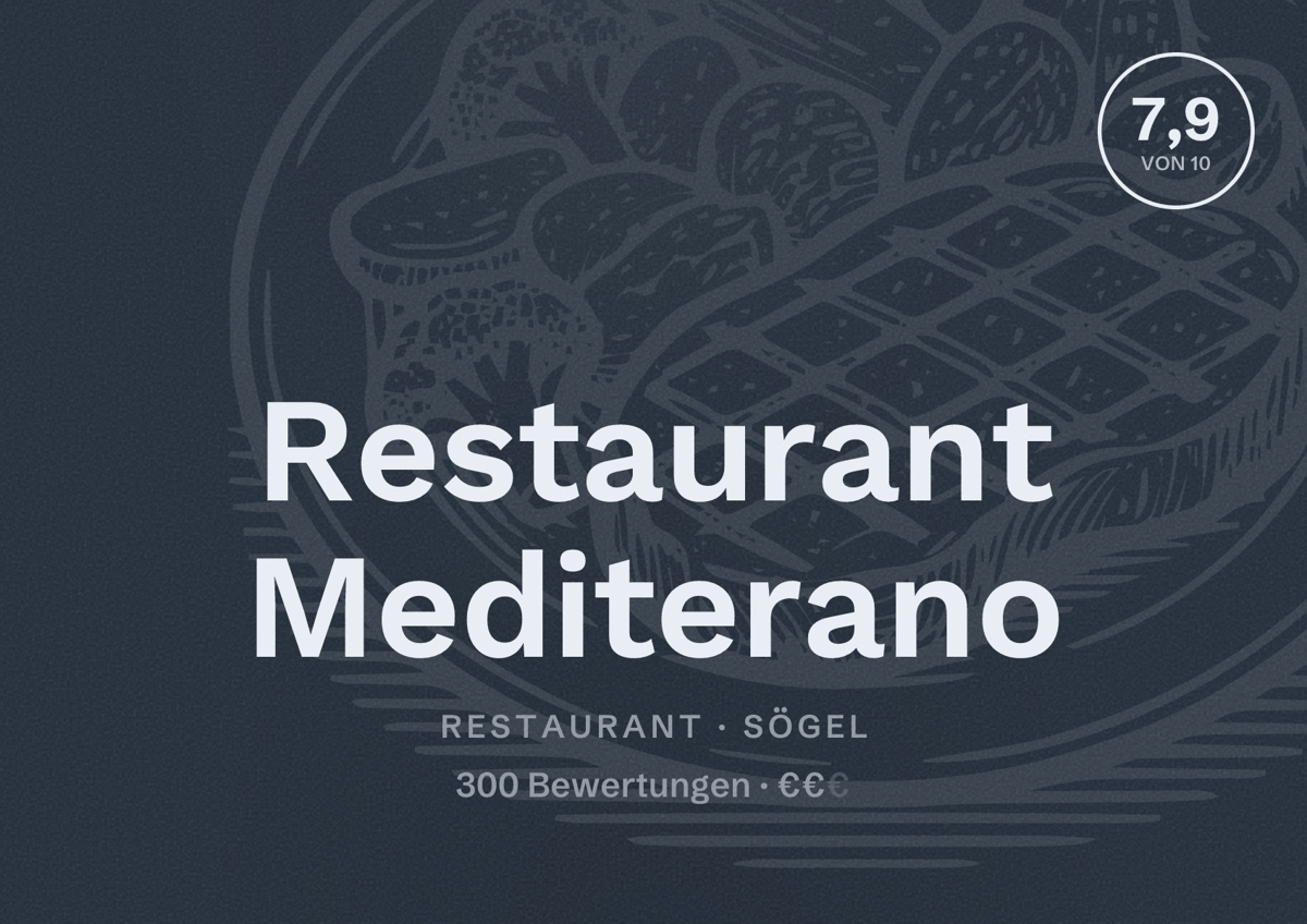 Illustriertes Poster von Restaurant Mediterano, Restaurant in Sögel: Bewertung 7,9 von 10 aus 300 Bewertungen, Preisniveau €€