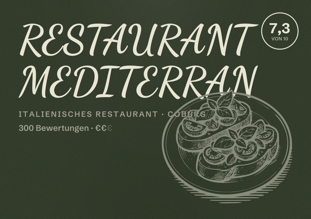 Illustriertes Poster von RESTAURANT MEDITERRAN, Italienisches Restaurant in Coburg: Bewertung 7,3 von 10 aus 300 Bewertungen, Preisniveau €€