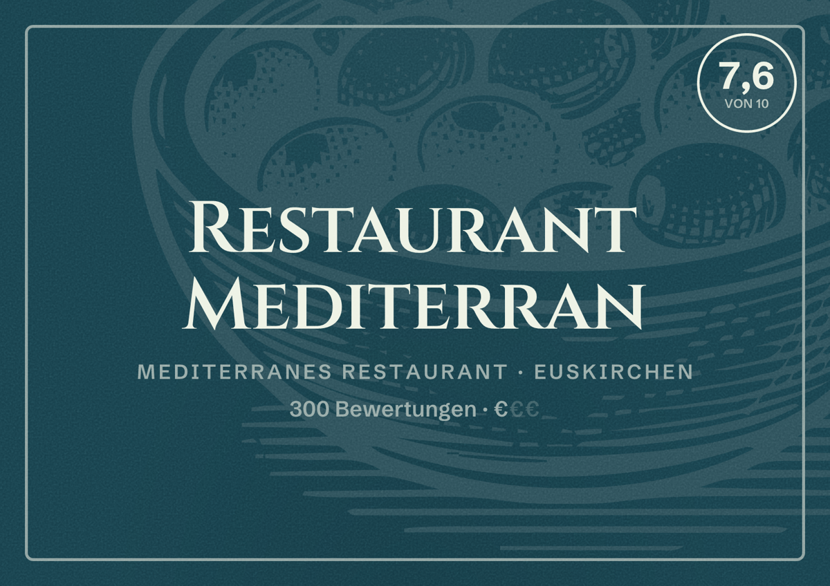 Illustriertes Poster von Restaurant Mediterran, Mediterranes Restaurant in Euskirchen: Bewertung 7,6 von 10 aus 300 Bewertungen, Preisniveau €