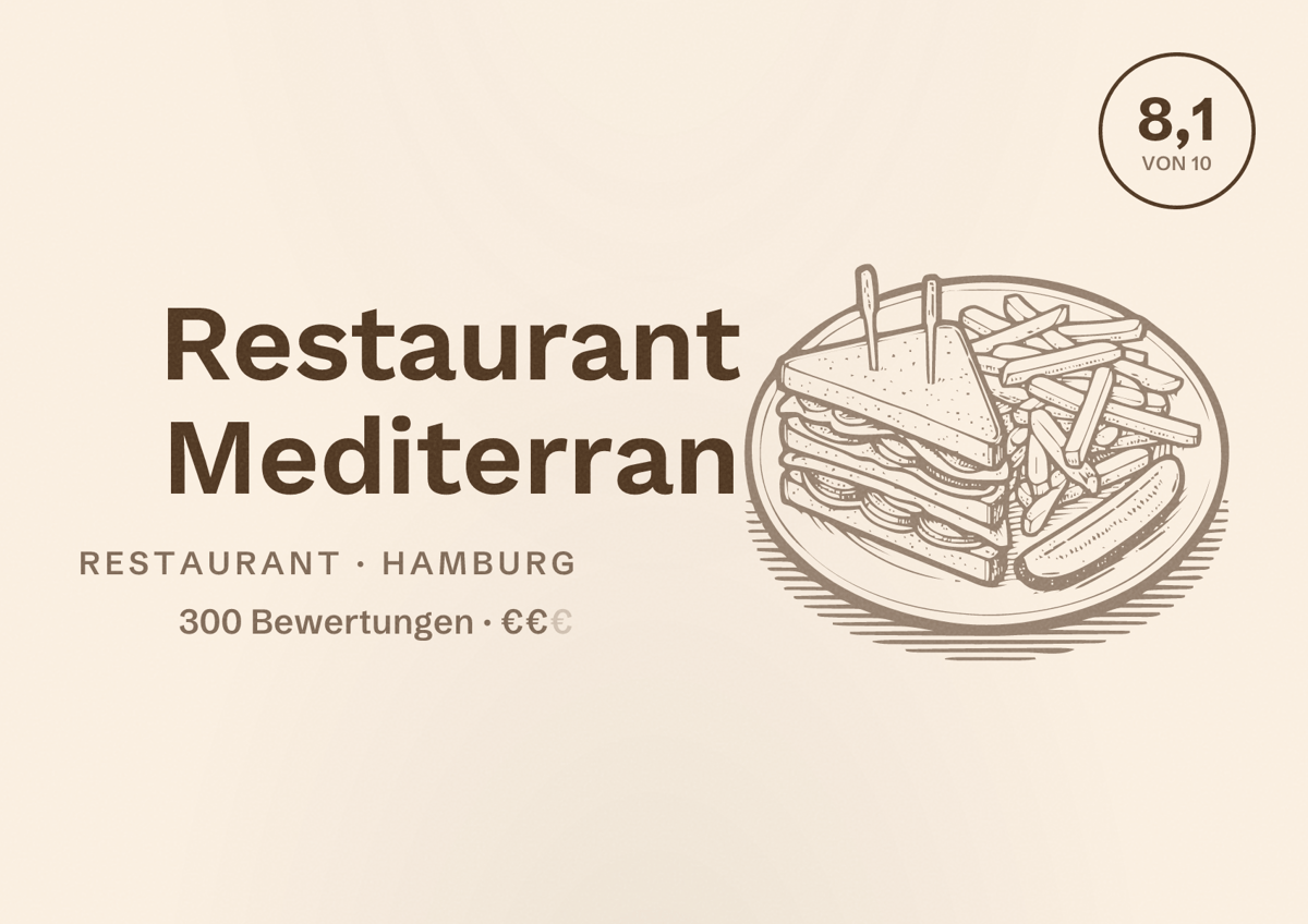 Illustriertes Poster von Restaurant Mediterran, Restaurant in Hamburg: Bewertung 8,1 von 10 aus 300 Bewertungen, Preisniveau €€