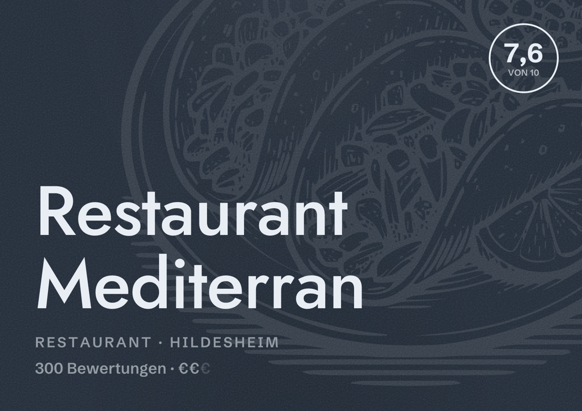 Illustriertes Poster von Restaurant Mediterran, Restaurant in Hildesheim: Bewertung 7,6 von 10 aus 300 Bewertungen, Preisniveau €€