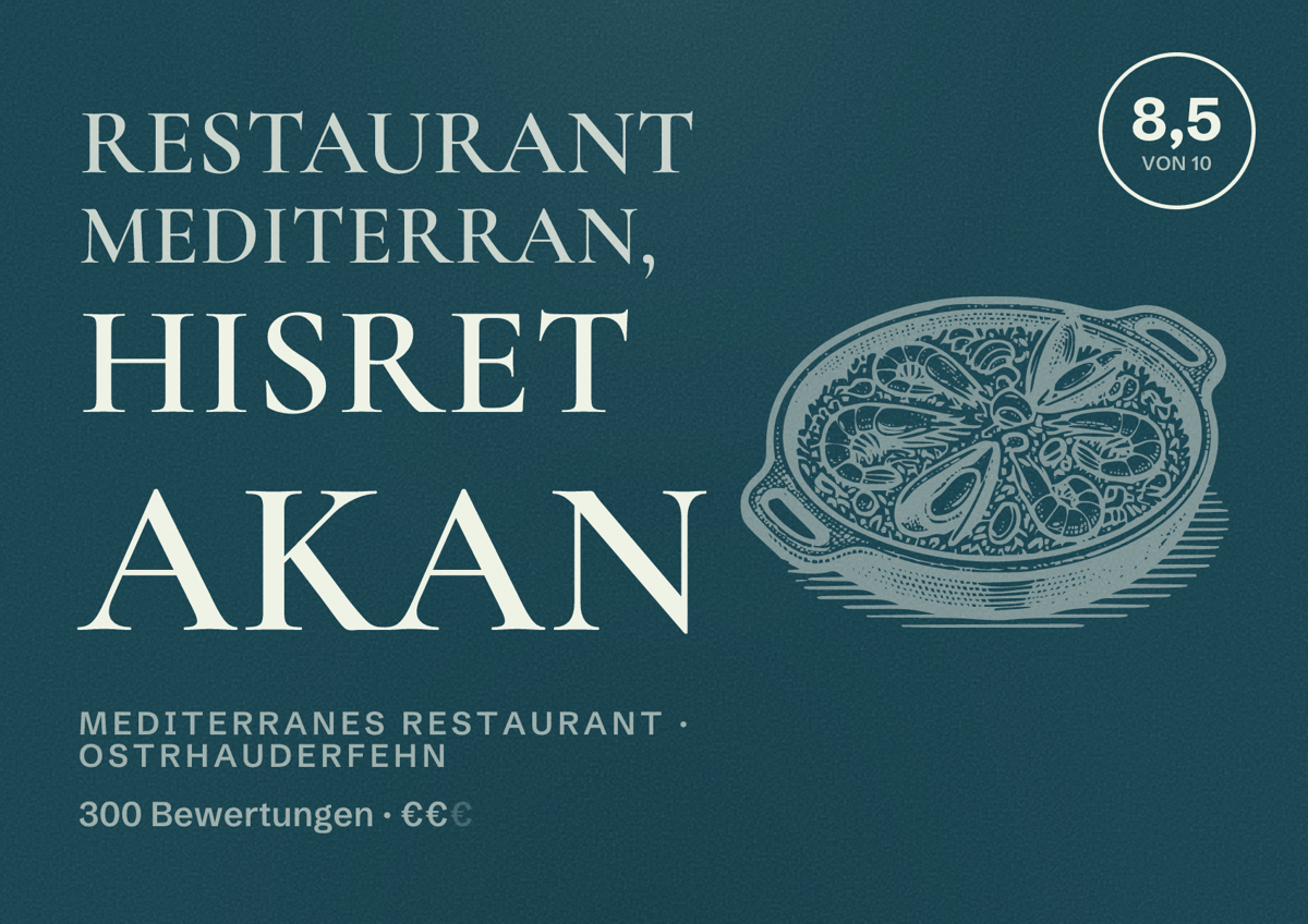 Illustriertes Poster von Restaurant Mediterran, Hisret Akan, Mediterranes Restaurant in Ostrhauderfehn: Bewertung 8,5 von 10 aus 300 Bewertungen, Preisniveau €€