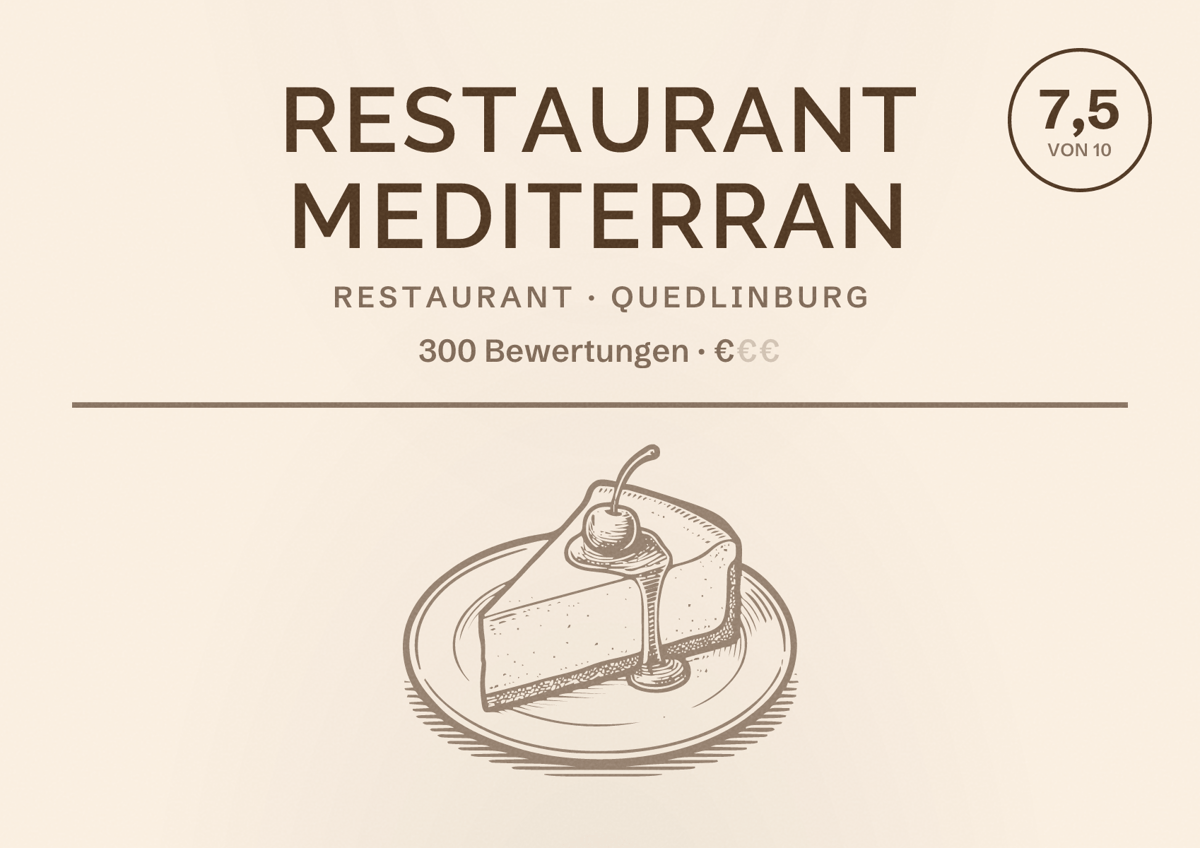 Illustriertes Poster von Restaurant Mediterran, Restaurant in Quedlinburg: Bewertung 7,5 von 10 aus 300 Bewertungen, Preisniveau €