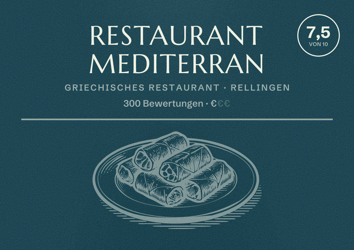 Illustriertes Poster von Restaurant Mediterran, Griechisches Restaurant in Rellingen: Bewertung 7,5 von 10 aus 300 Bewertungen, Preisniveau €