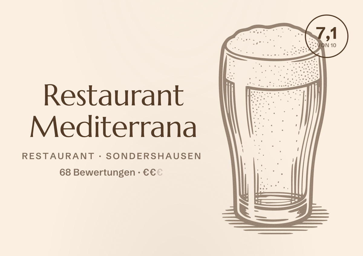 Illustriertes Poster von Restaurant Mediterrana, Restaurant in Sondershausen: Bewertung 7,1 von 10 aus 68 Bewertungen, Preisniveau €€