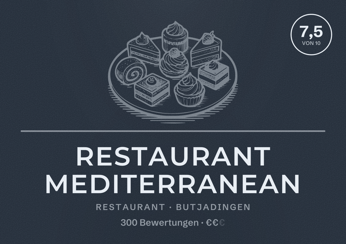 Illustriertes Poster von Restaurant Mediterranean, Restaurant in Butjadingen: Bewertung 7,5 von 10 aus 300 Bewertungen, Preisniveau €€