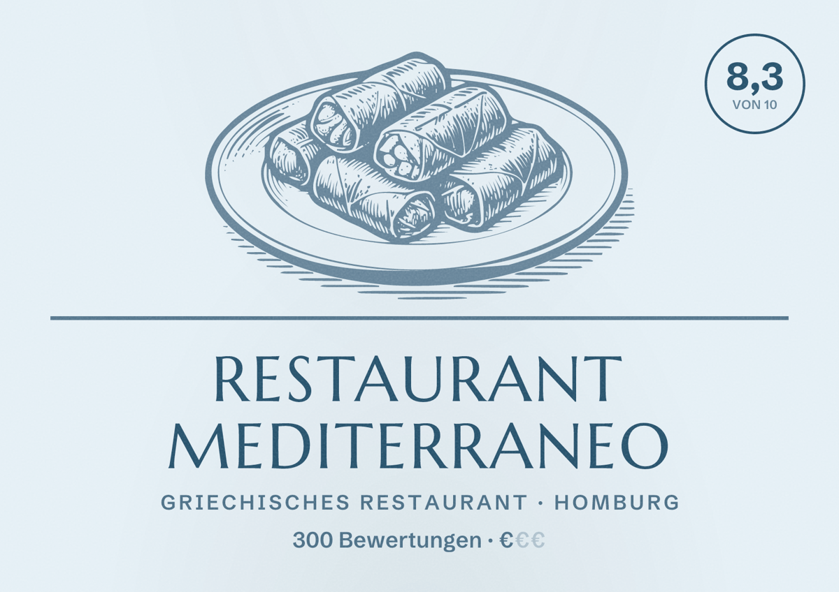 Illustriertes Poster von Restaurant Mediterraneo, Griechisches Restaurant in Homburg: Bewertung 8,3 von 10 aus 300 Bewertungen, Preisniveau €