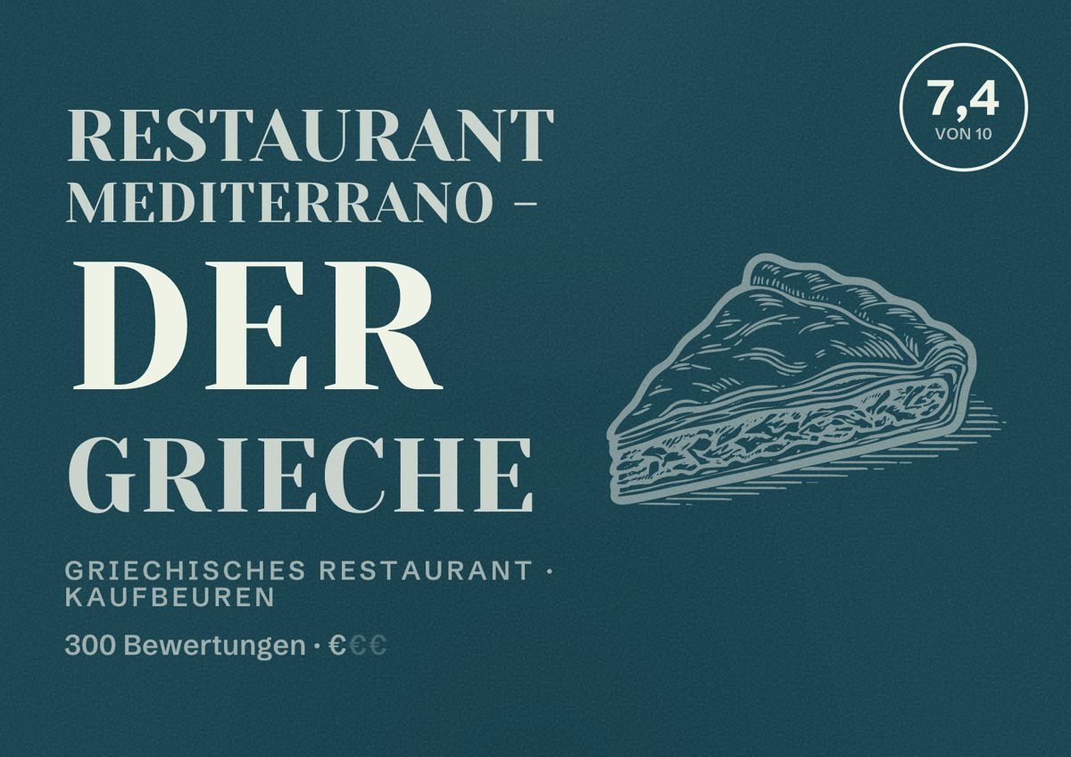 Illustriertes Poster von Restaurant Mediterrano - Der Grieche, Griechisches Restaurant in Kaufbeuren: Bewertung 7,4 von 10 aus 300 Bewertungen, Preisniveau €