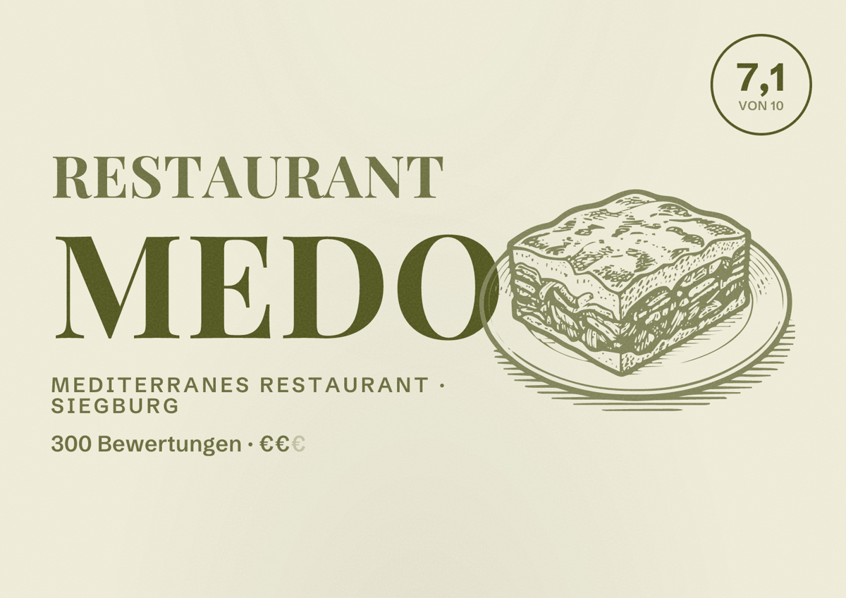 Illustriertes Poster von Restaurant Medo, Mediterranes Restaurant in Siegburg: Bewertung 7,1 von 10 aus 300 Bewertungen, Preisniveau €€