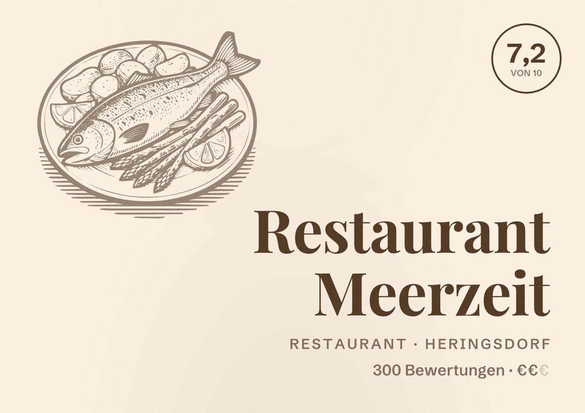 Illustriertes Poster von Restaurant Meerzeit, Restaurant in Heringsdorf: Bewertung 7,2 von 10 aus 300 Bewertungen, Preisniveau €€