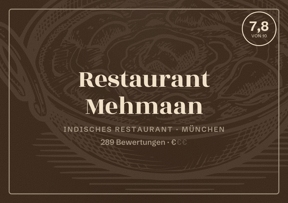 Illustriertes Poster von Restaurant Mehmaan, Indisches Restaurant in München: Bewertung 7,8 von 10 aus 289 Bewertungen, Preisniveau €