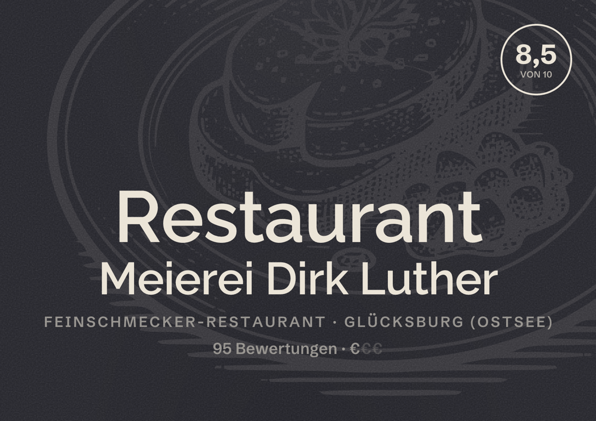 Illustriertes Poster von Restaurant Meierei Dirk Luther, Feinschmecker-Restaurant in Glücksburg (Ostsee): Bewertung 8,5 von 10 aus 95 Bewertungen, Preisniveau €