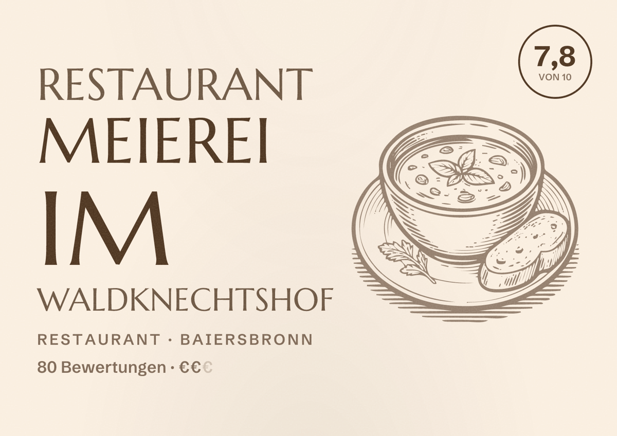 Illustriertes Poster von Restaurant Meierei im Waldknechtshof, Restaurant in Baiersbronn: Bewertung 7,8 von 10 aus 80 Bewertungen, Preisniveau €€