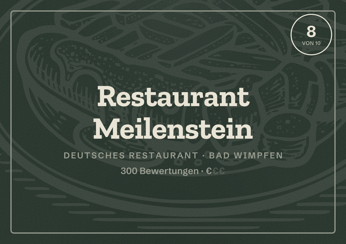 Illustriertes Poster von Restaurant Meilenstein, Deutsches Restaurant in Bad Wimpfen: Bewertung 8 von 10 aus 300 Bewertungen, Preisniveau €