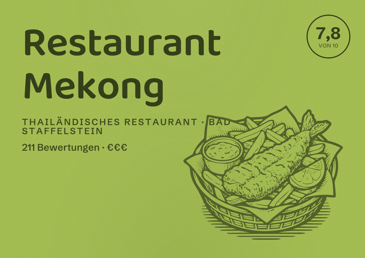 Illustriertes Poster von Restaurant Mekong, Thailändisches Restaurant in Bad Staffelstein: Bewertung 7,8 von 10 aus 211 Bewertungen, Preisniveau €€€