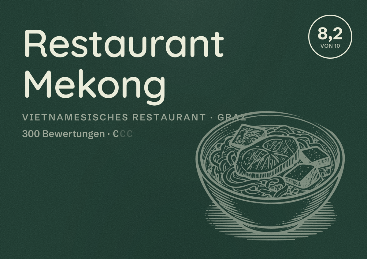 Illustriertes Poster von Restaurant Mekong, Vietnamesisches Restaurant in Graz: Bewertung 8,2 von 10 aus 300 Bewertungen, Preisniveau €