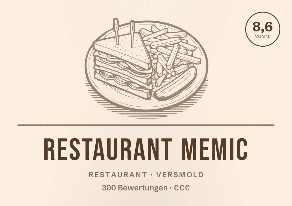 Illustriertes Poster von Restaurant Memic, Restaurant in Versmold: Bewertung 8,6 von 10 aus 300 Bewertungen, Preisniveau €€€