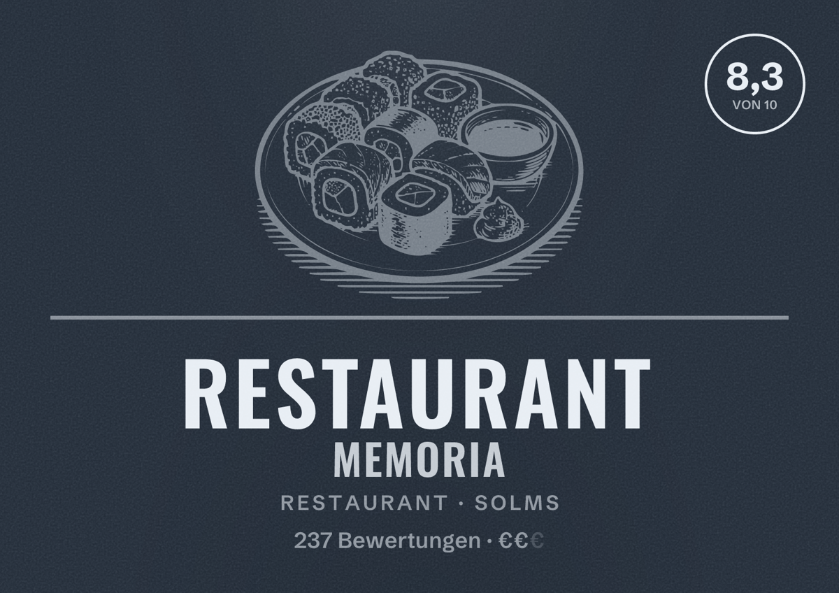 Illustriertes Poster von Restaurant Memoria, Restaurant in Solms: Bewertung 8,3 von 10 aus 237 Bewertungen, Preisniveau €€