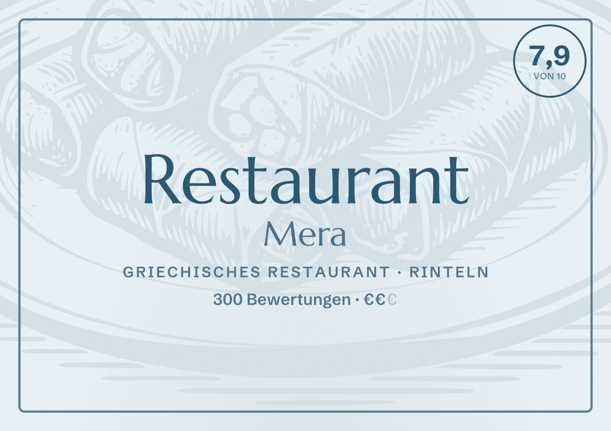 Illustriertes Poster von Restaurant Mera, Griechisches Restaurant in Rinteln: Bewertung 7,9 von 10 aus 300 Bewertungen, Preisniveau €€