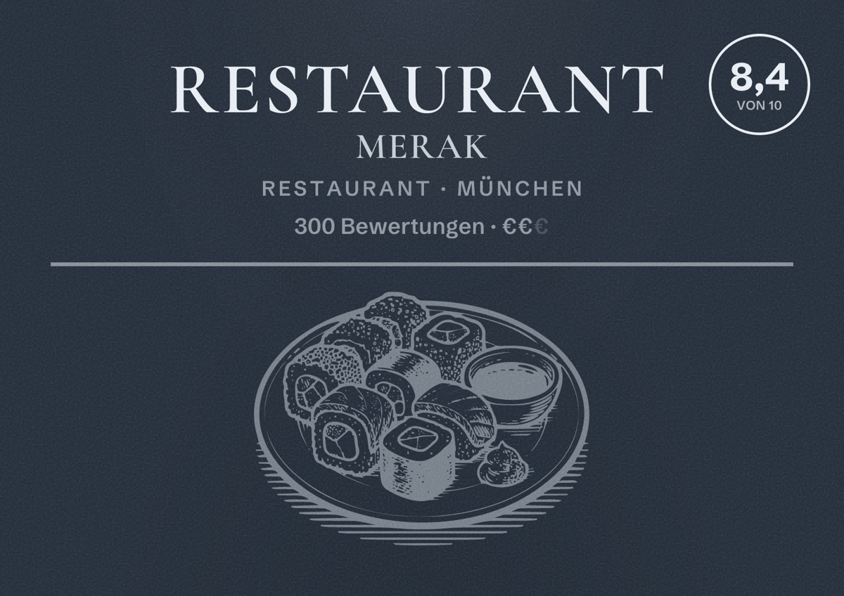 Illustriertes Poster von Restaurant Merak, Restaurant in München: Bewertung 8,4 von 10 aus 300 Bewertungen, Preisniveau €€