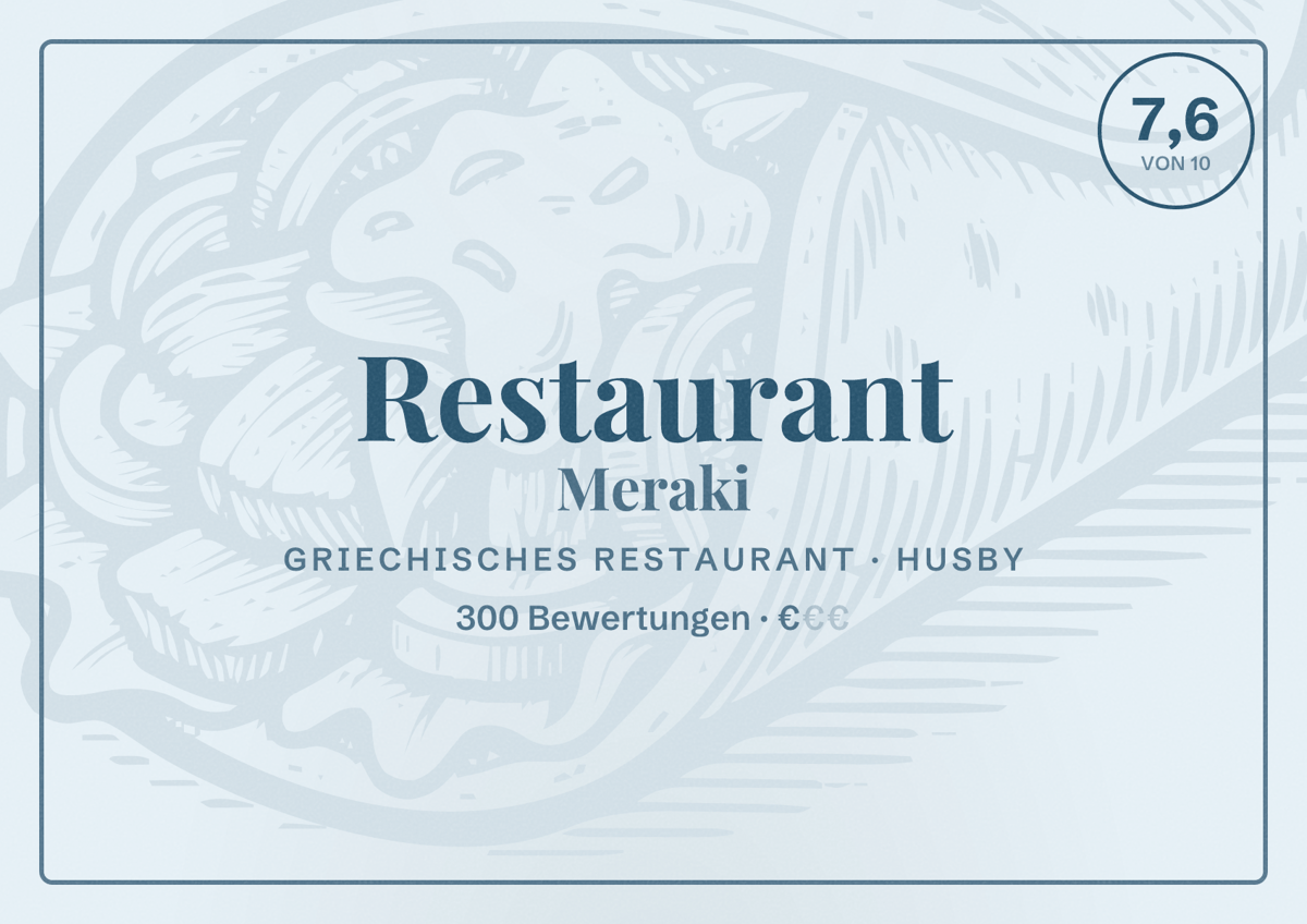 Illustriertes Poster von Restaurant Meraki, Griechisches Restaurant in Husby: Bewertung 7,6 von 10 aus 300 Bewertungen, Preisniveau €