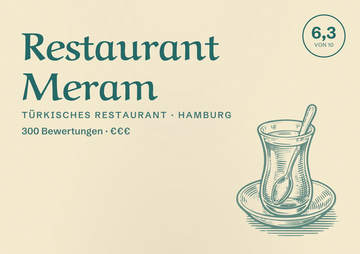 Illustriertes Poster von Restaurant Meram, Türkisches Restaurant in Hamburg: Bewertung 6,3 von 10 aus 300 Bewertungen, Preisniveau €€€