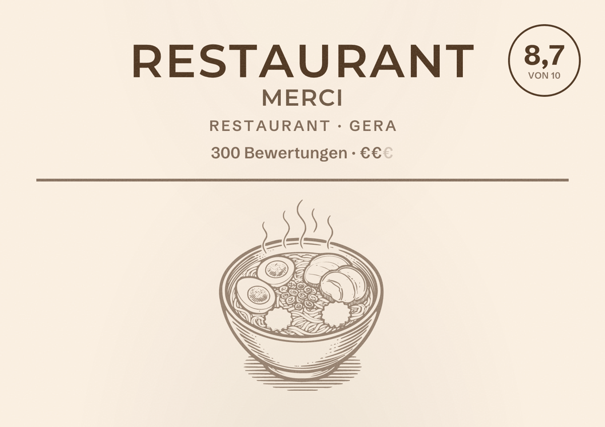 Illustriertes Poster von Restaurant Merci, Restaurant in Gera: Bewertung 8,7 von 10 aus 300 Bewertungen, Preisniveau €€