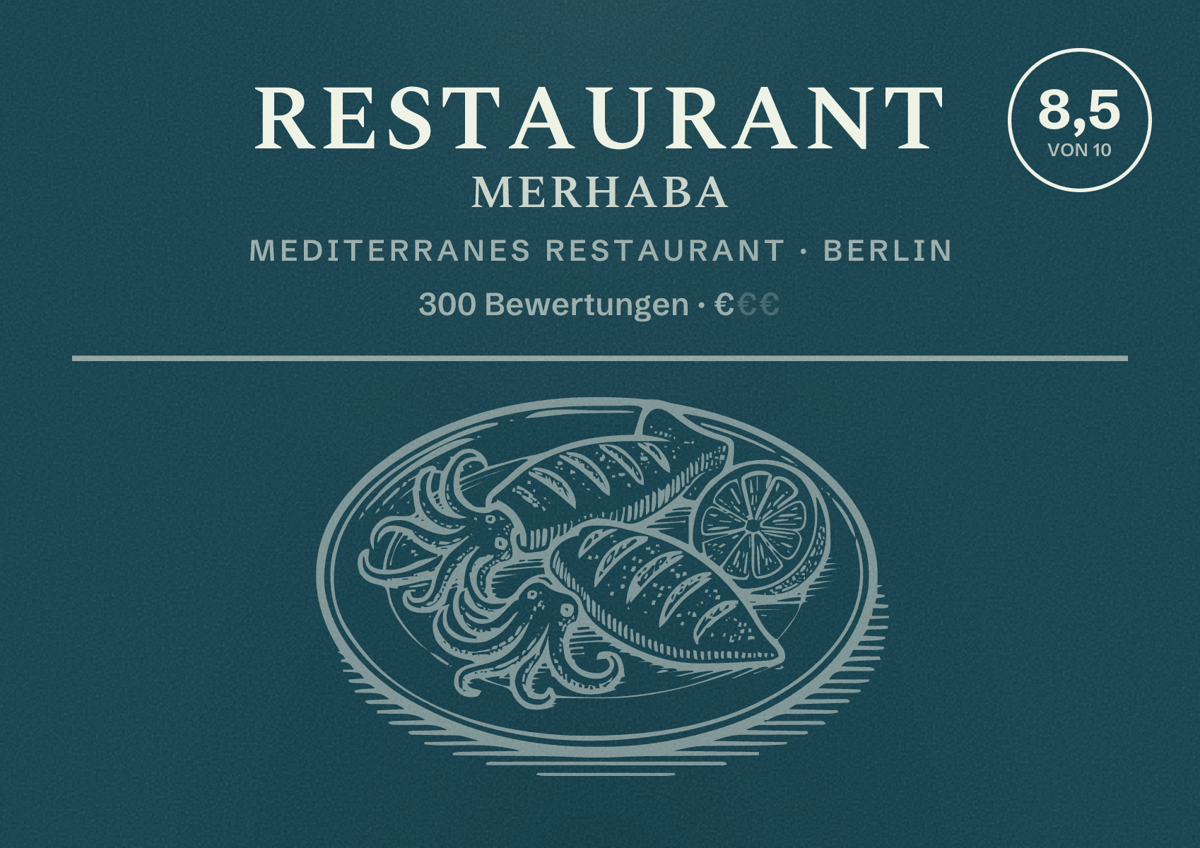 Illustriertes Poster von Restaurant Merhaba, Mediterranes Restaurant in Berlin: Bewertung 8,5 von 10 aus 300 Bewertungen, Preisniveau €