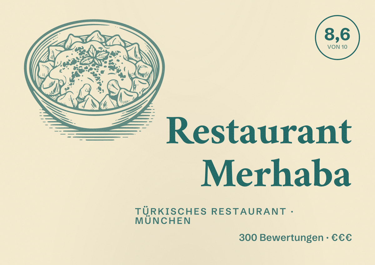 Illustriertes Poster von Restaurant Merhaba, Türkisches Restaurant in München: Bewertung 8,6 von 10 aus 300 Bewertungen, Preisniveau €€€