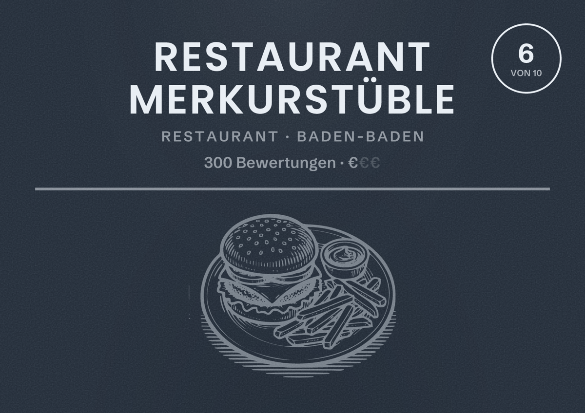 Illustriertes Poster von Restaurant Merkurstüble, Restaurant in Baden-Baden: Bewertung 6 von 10 aus 300 Bewertungen, Preisniveau €