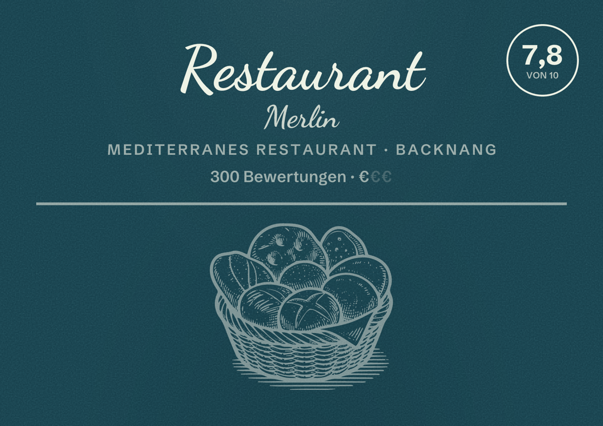 Illustriertes Poster von Restaurant Merlin, Mediterranes Restaurant in Backnang: Bewertung 7,8 von 10 aus 300 Bewertungen, Preisniveau €