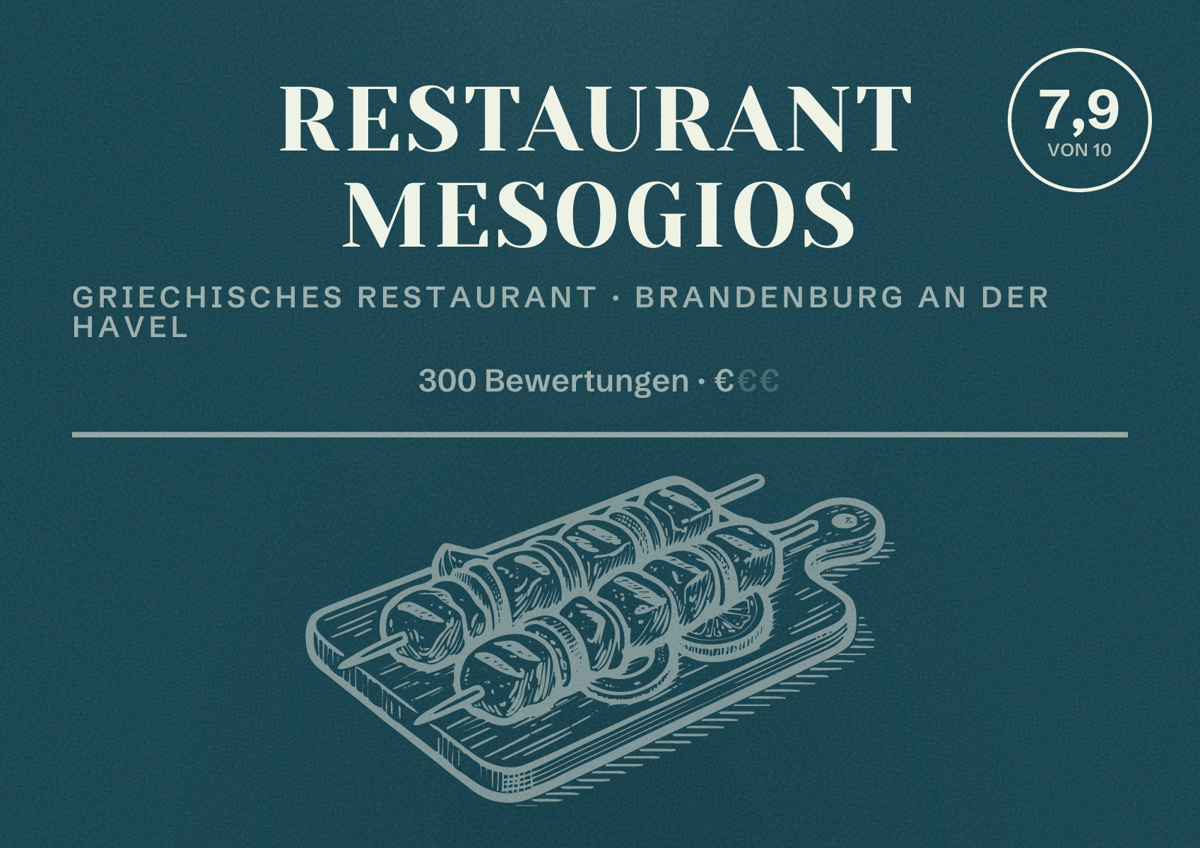Illustriertes Poster von Restaurant Mesogios, Griechisches Restaurant in Brandenburg an der Havel: Bewertung 7,9 von 10 aus 300 Bewertungen, Preisniveau €