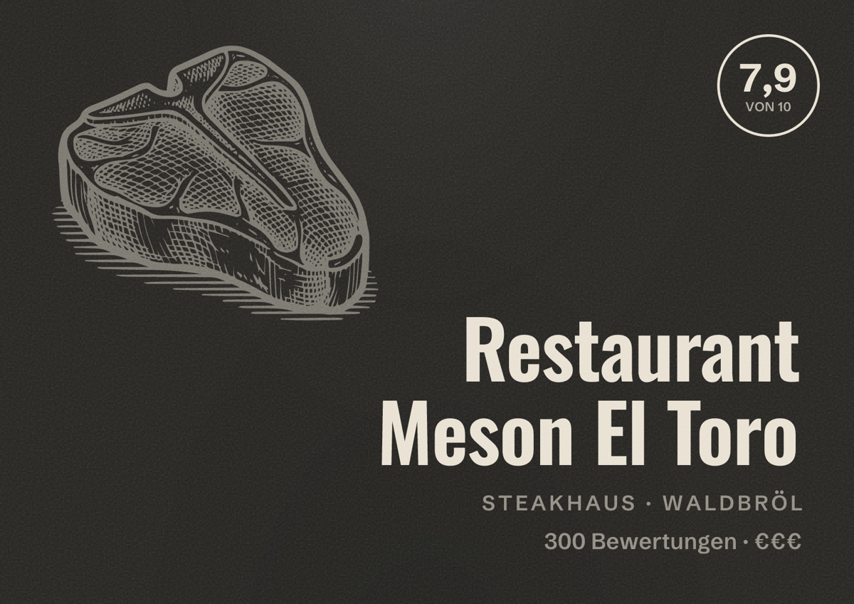 Illustriertes Poster von Restaurant Meson El Toro, Steakhaus in Waldbröl: Bewertung 7,9 von 10 aus 300 Bewertungen, Preisniveau €€€