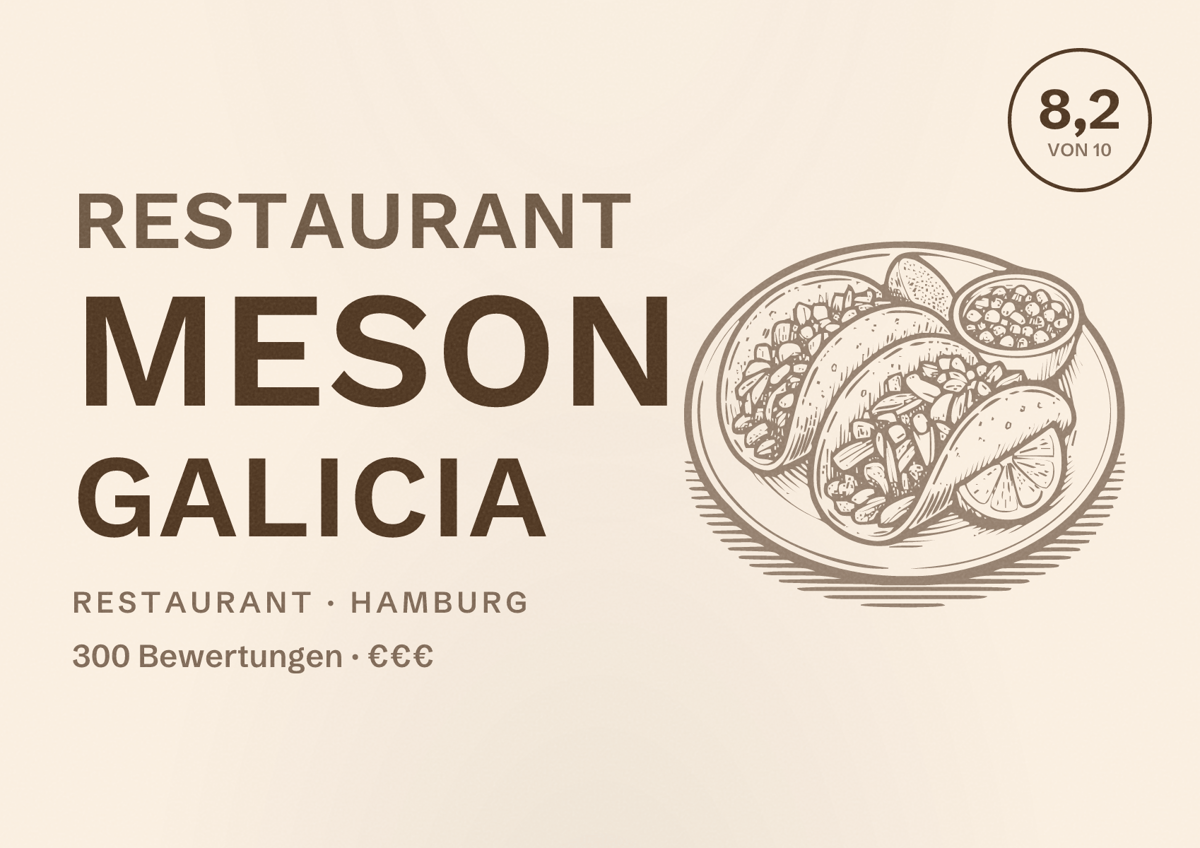 Illustriertes Poster von Restaurant Meson Galicia, Restaurant in Hamburg: Bewertung 8,2 von 10 aus 300 Bewertungen, Preisniveau €€€