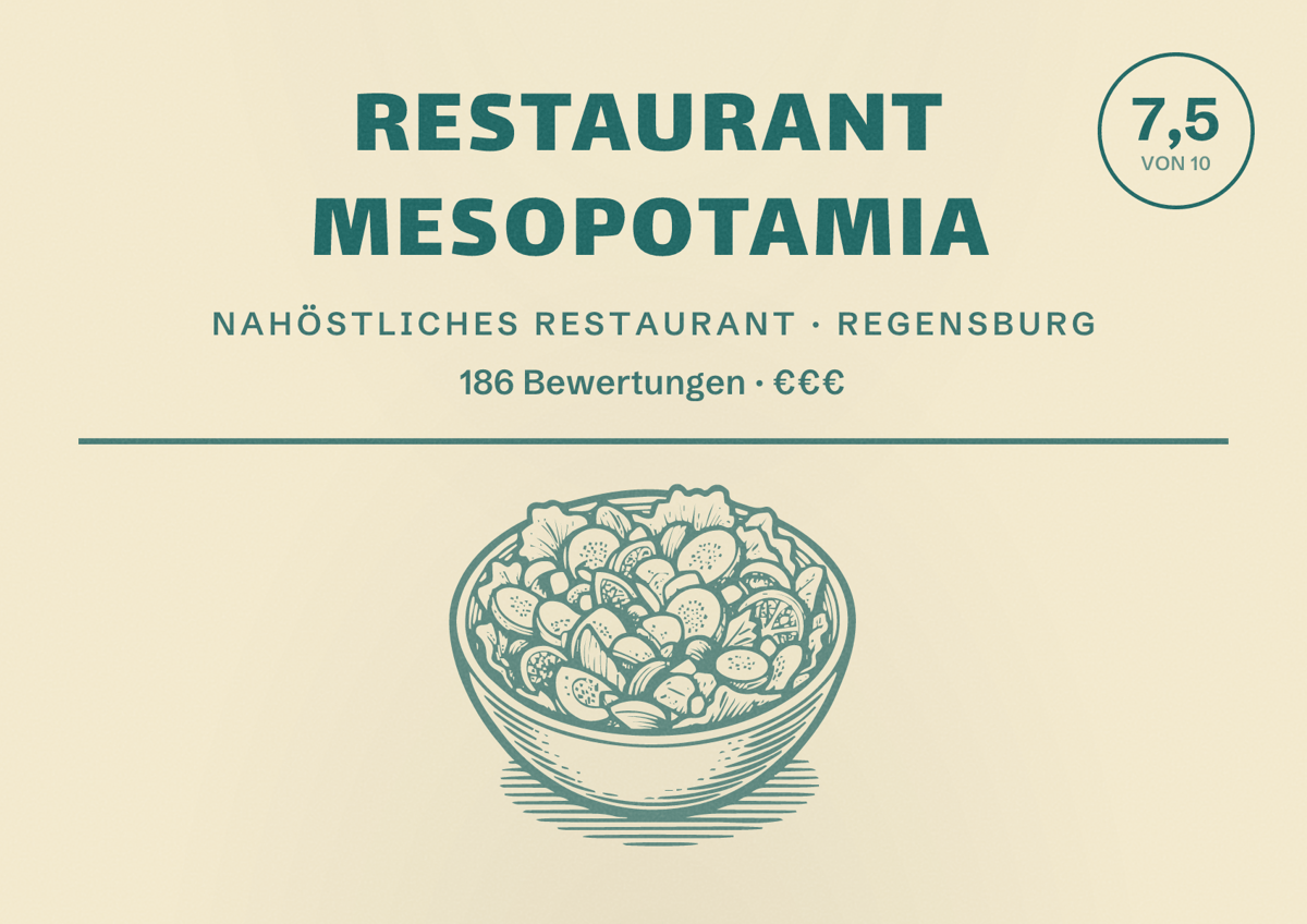 Illustriertes Poster von Restaurant Mesopotamia, Nahöstliches Restaurant in Regensburg: Bewertung 7,5 von 10 aus 186 Bewertungen, Preisniveau €€€