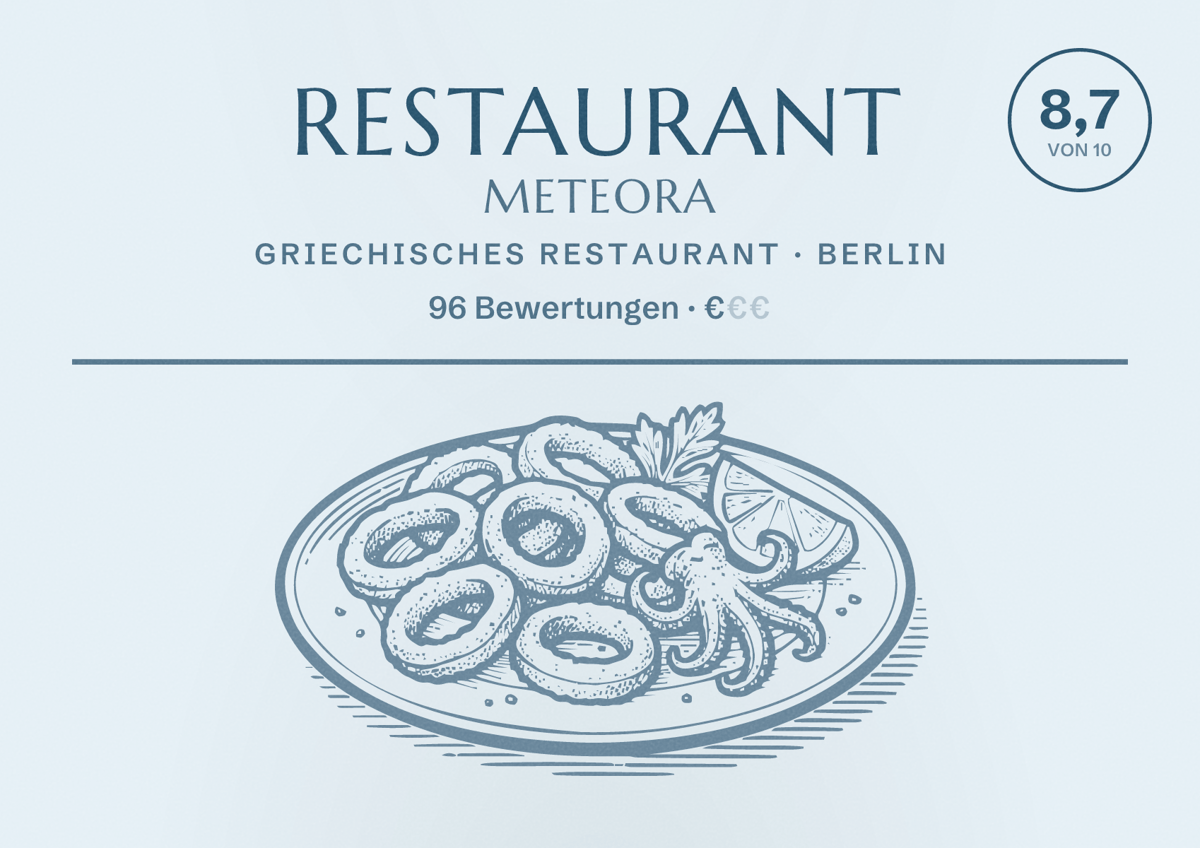 Illustriertes Poster von Restaurant Meteora, Griechisches Restaurant in Berlin: Bewertung 8,7 von 10 aus 96 Bewertungen, Preisniveau €