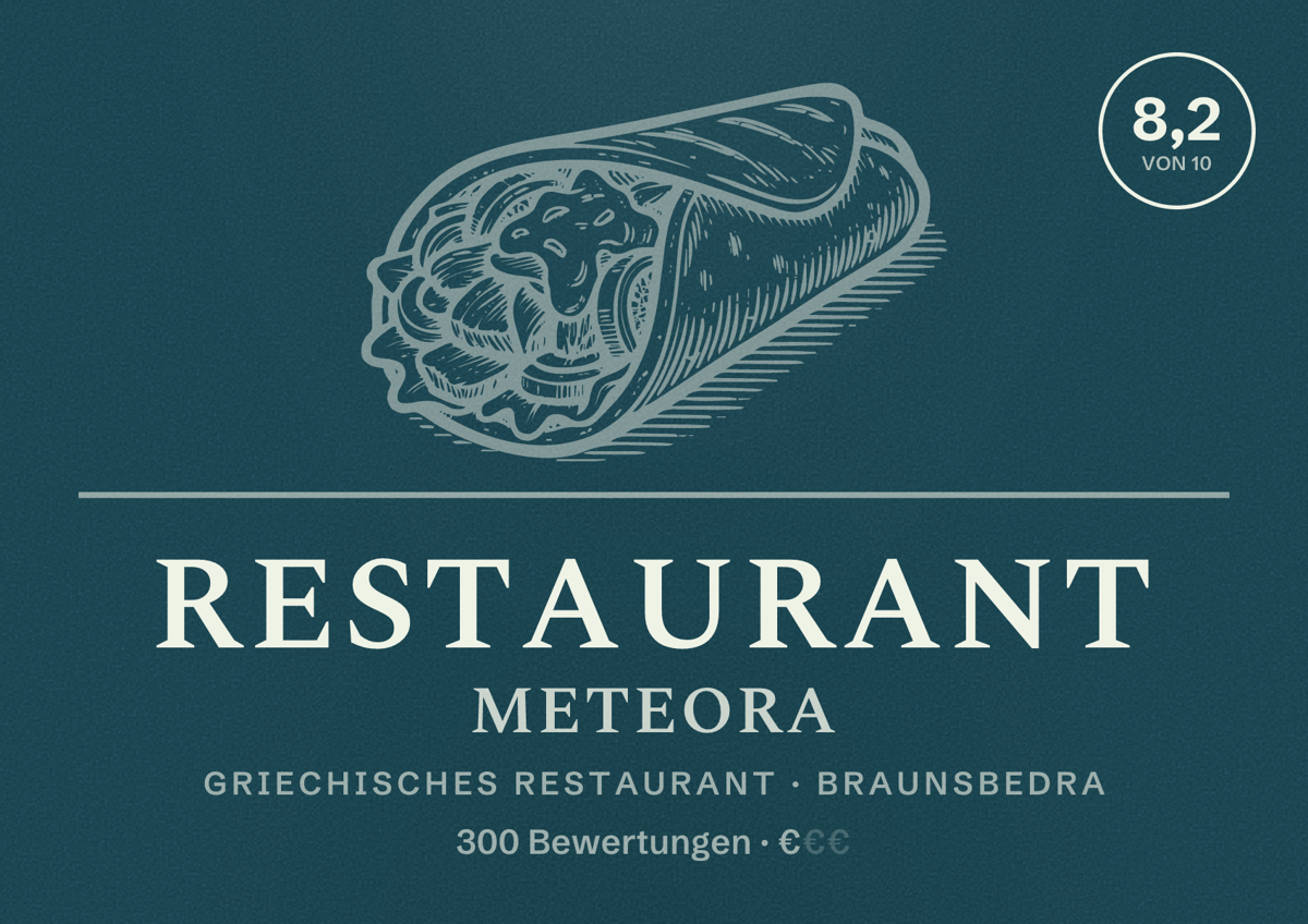 Illustriertes Poster von Restaurant Meteora, Griechisches Restaurant in Braunsbedra: Bewertung 8,2 von 10 aus 300 Bewertungen, Preisniveau €