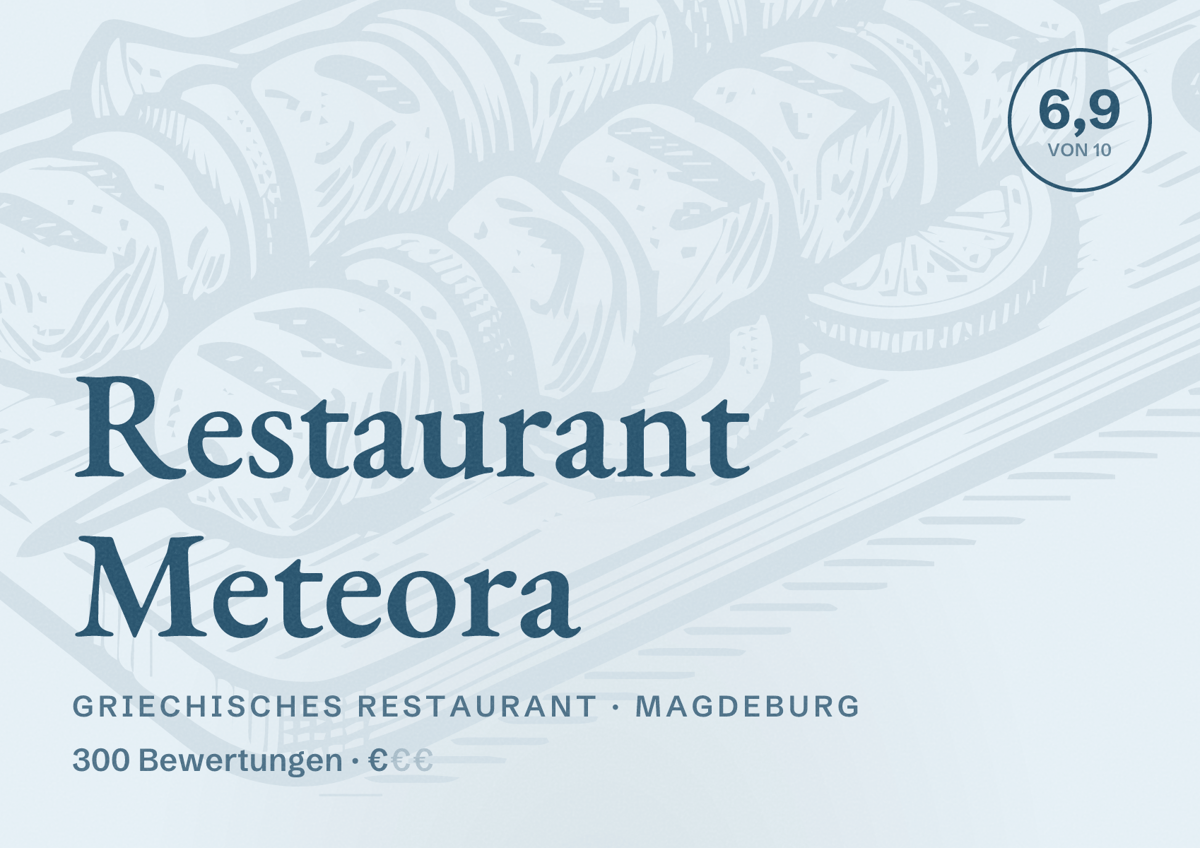 Illustriertes Poster von Restaurant Meteora, Griechisches Restaurant in Magdeburg: Bewertung 6,9 von 10 aus 300 Bewertungen, Preisniveau €