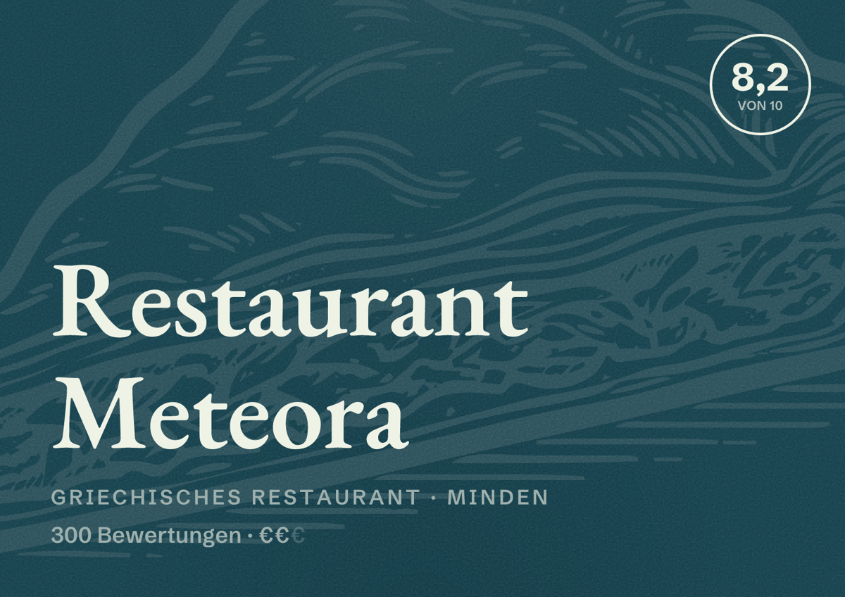 Illustriertes Poster von Restaurant Meteora, Griechisches Restaurant in Minden: Bewertung 8,2 von 10 aus 300 Bewertungen, Preisniveau €€