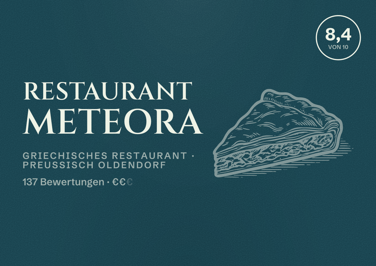 Illustriertes Poster von Restaurant Meteora, Griechisches Restaurant in Preußisch Oldendorf: Bewertung 8,4 von 10 aus 137 Bewertungen, Preisniveau €€