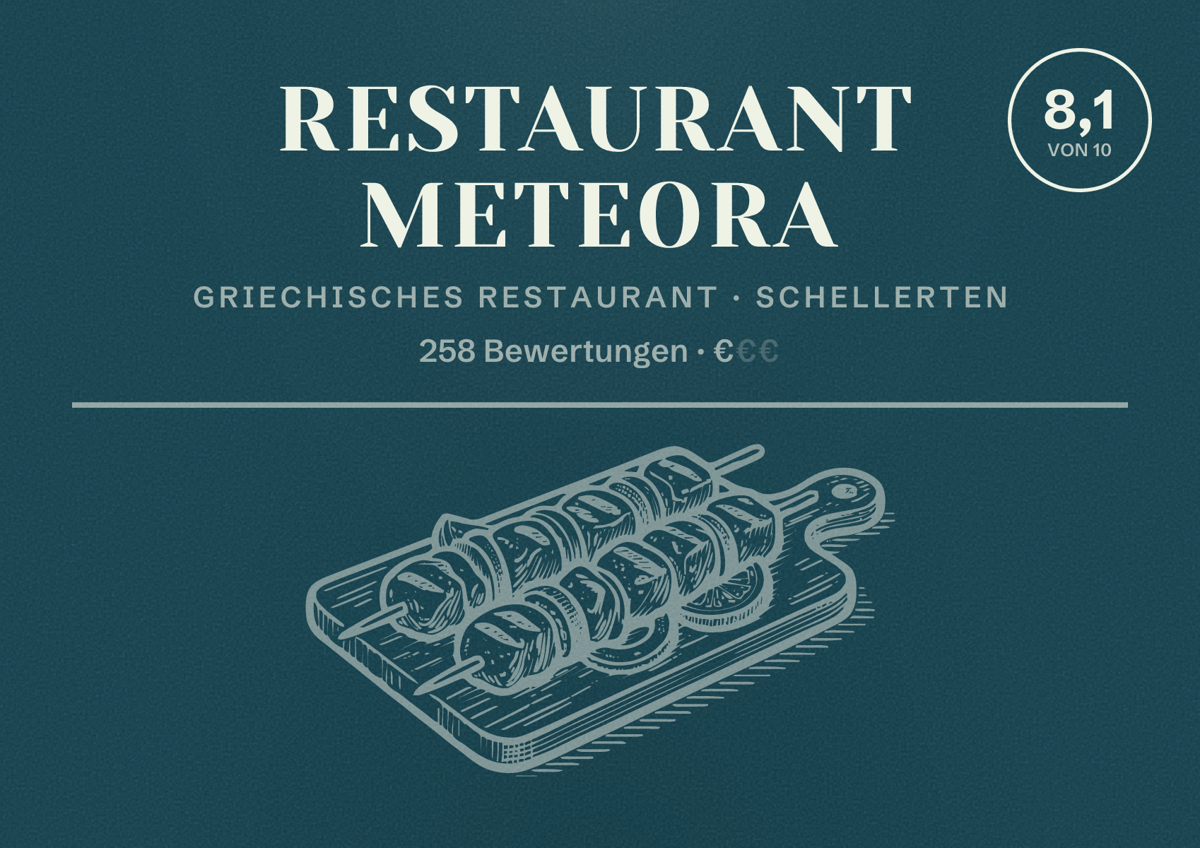 Illustriertes Poster von Restaurant Meteora, Griechisches Restaurant in Schellerten: Bewertung 8,1 von 10 aus 258 Bewertungen, Preisniveau €