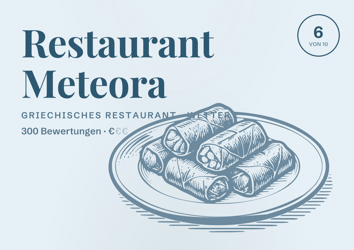Illustriertes Poster von Restaurant Meteora, Griechisches Restaurant in Wetter: Bewertung 6 von 10 aus 300 Bewertungen, Preisniveau €