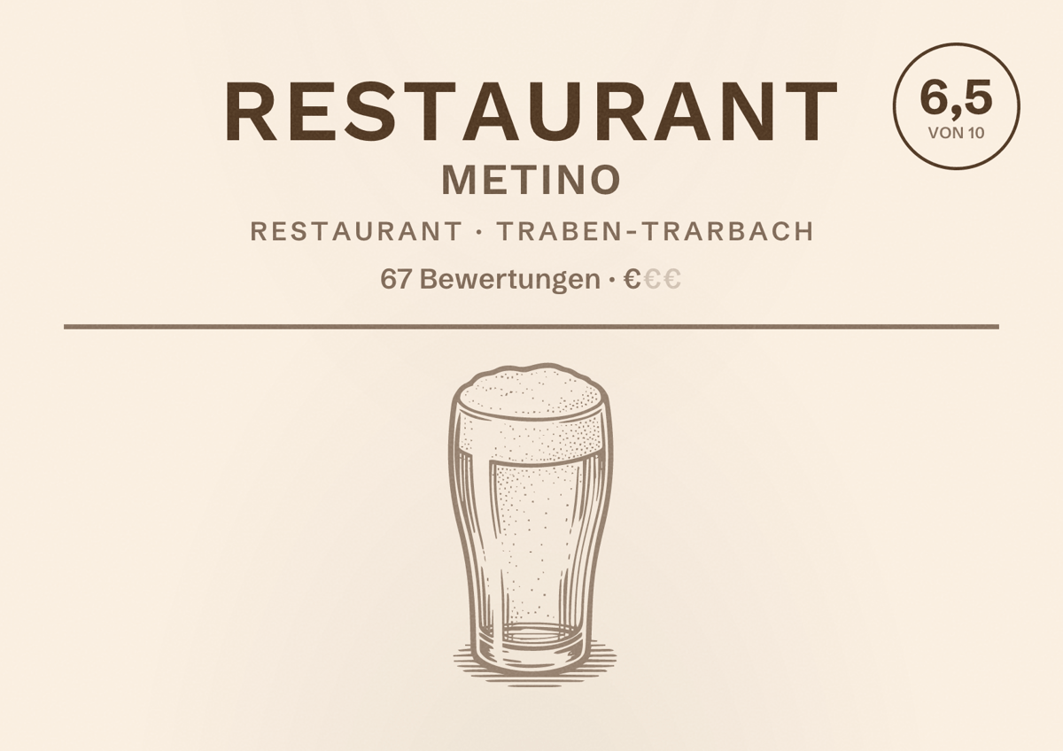 Illustriertes Poster von Restaurant Metino, Restaurant in Traben-Trarbach: Bewertung 6,5 von 10 aus 67 Bewertungen, Preisniveau €