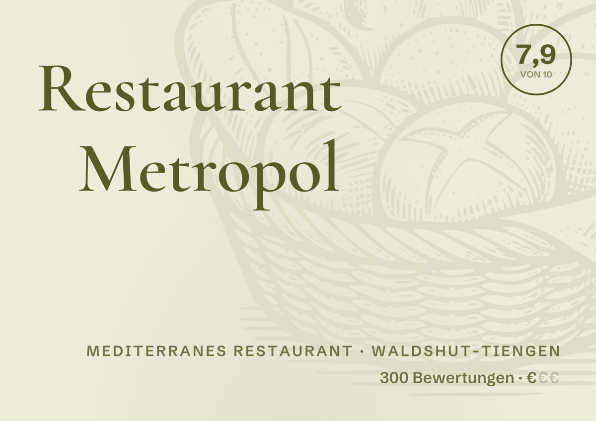 Illustriertes Poster von Restaurant Metropol, Mediterranes Restaurant in Waldshut-Tiengen: Bewertung 7,9 von 10 aus 300 Bewertungen, Preisniveau €