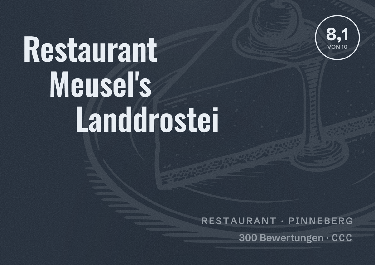 Illustriertes Poster von Restaurant Meusel's Landdrostei, Restaurant in Pinneberg: Bewertung 8,1 von 10 aus 300 Bewertungen, Preisniveau €€€