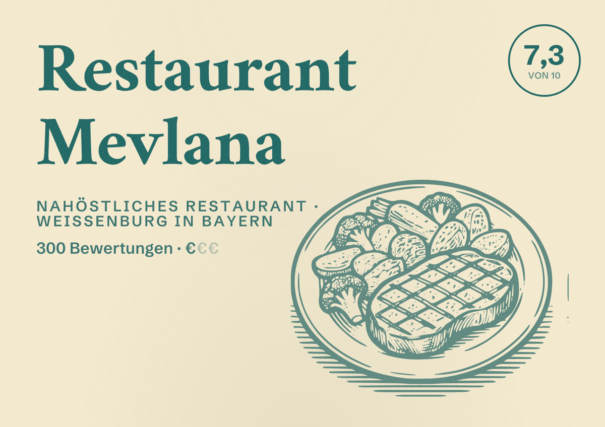 Illustriertes Poster von Restaurant Mevlana, Nahöstliches Restaurant in Weißenburg in Bayern: Bewertung 7,3 von 10 aus 300 Bewertungen, Preisniveau €