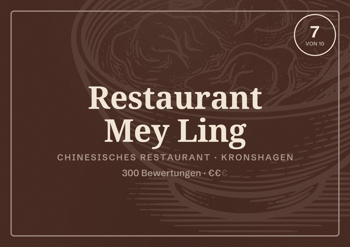 Illustriertes Poster von Restaurant Mey Ling, Chinesisches Restaurant in Kronshagen: Bewertung 7 von 10 aus 300 Bewertungen, Preisniveau €€