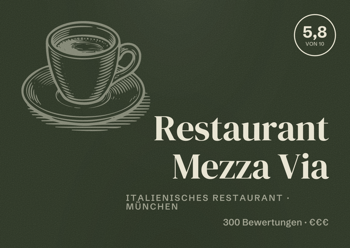Illustriertes Poster von Restaurant Mezza Via, Italienisches Restaurant in München: Bewertung 5,8 von 10 aus 300 Bewertungen, Preisniveau €€€
