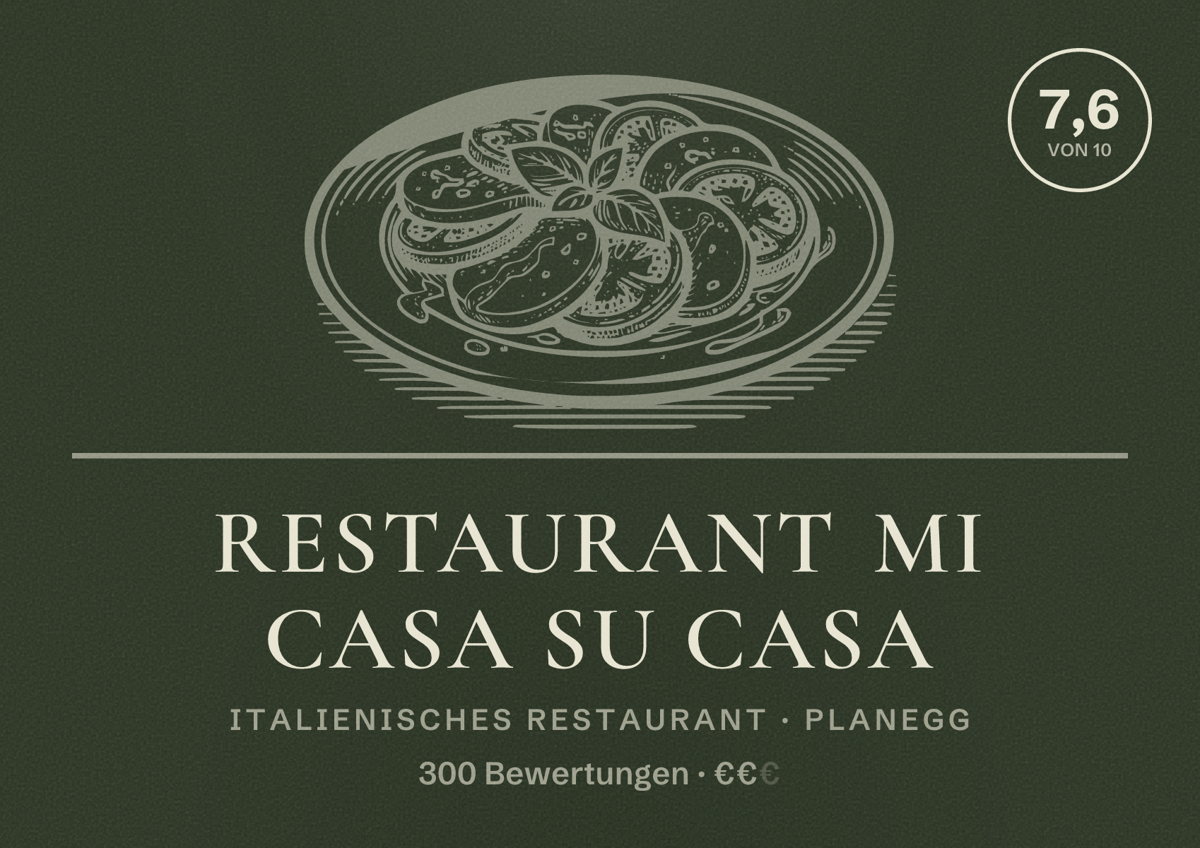 Illustriertes Poster von Restaurant Mi Casa Su Casa, Italienisches Restaurant in Planegg: Bewertung 7,6 von 10 aus 300 Bewertungen, Preisniveau €€